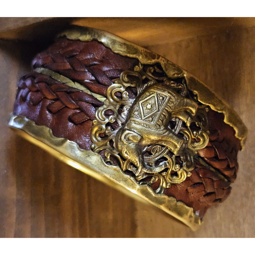 Vintage Il Gioiello Di Firenze Italy Elephant Brass & Leather Bangle Bracelet View 3